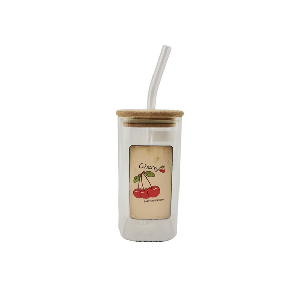 Charming Cherry Glass Cup with Straw
