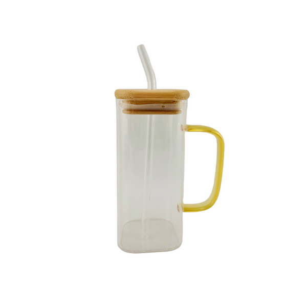 Square Glass Tumbler with Handle, Bamboo Lid & Straw