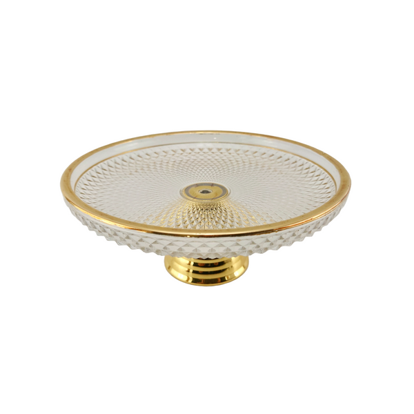 Elegant Glass Pedestal Dessert Plate with Gold Trim